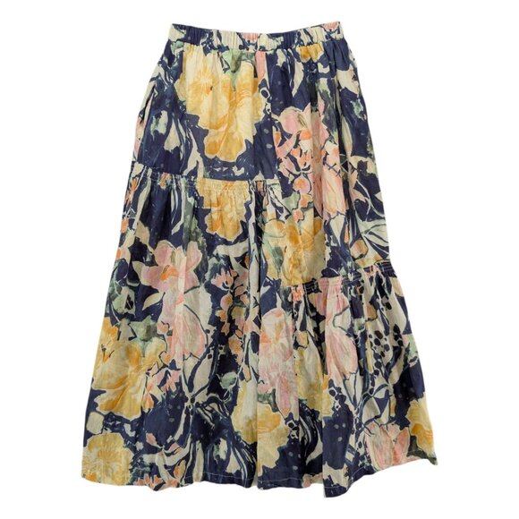 Free People Dresses & Skirts - Free People Tropical Maxi Skirt Navy Multicolor Tropical Pleated Lined Size XS